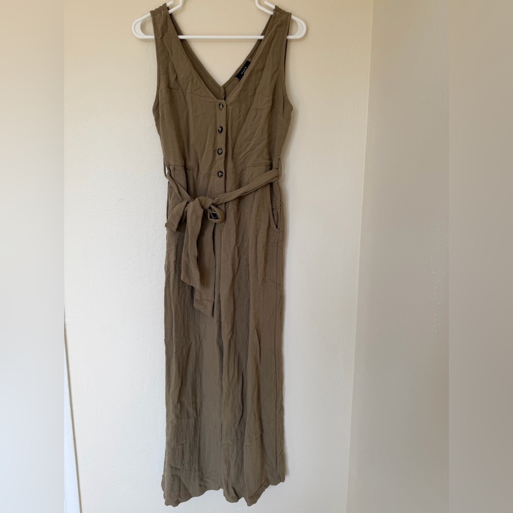 Vici Olive Sleeveless V-Neck Button-Front Jumpsuit with Waist Tie